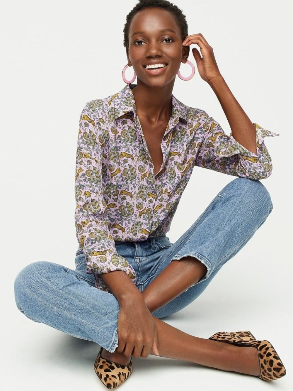 NWT J.Crew Silk Button-up Shirt in Violet Tiger Floral Blouse 8